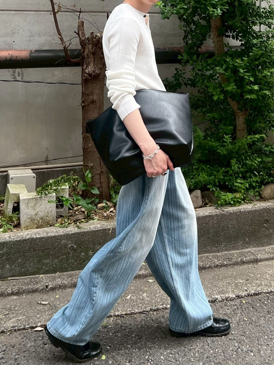 受注制【Chikashitsu +】wide stripe denim pants / 【チカシツプラス】ストライプボーダーワイドデニムパンツ