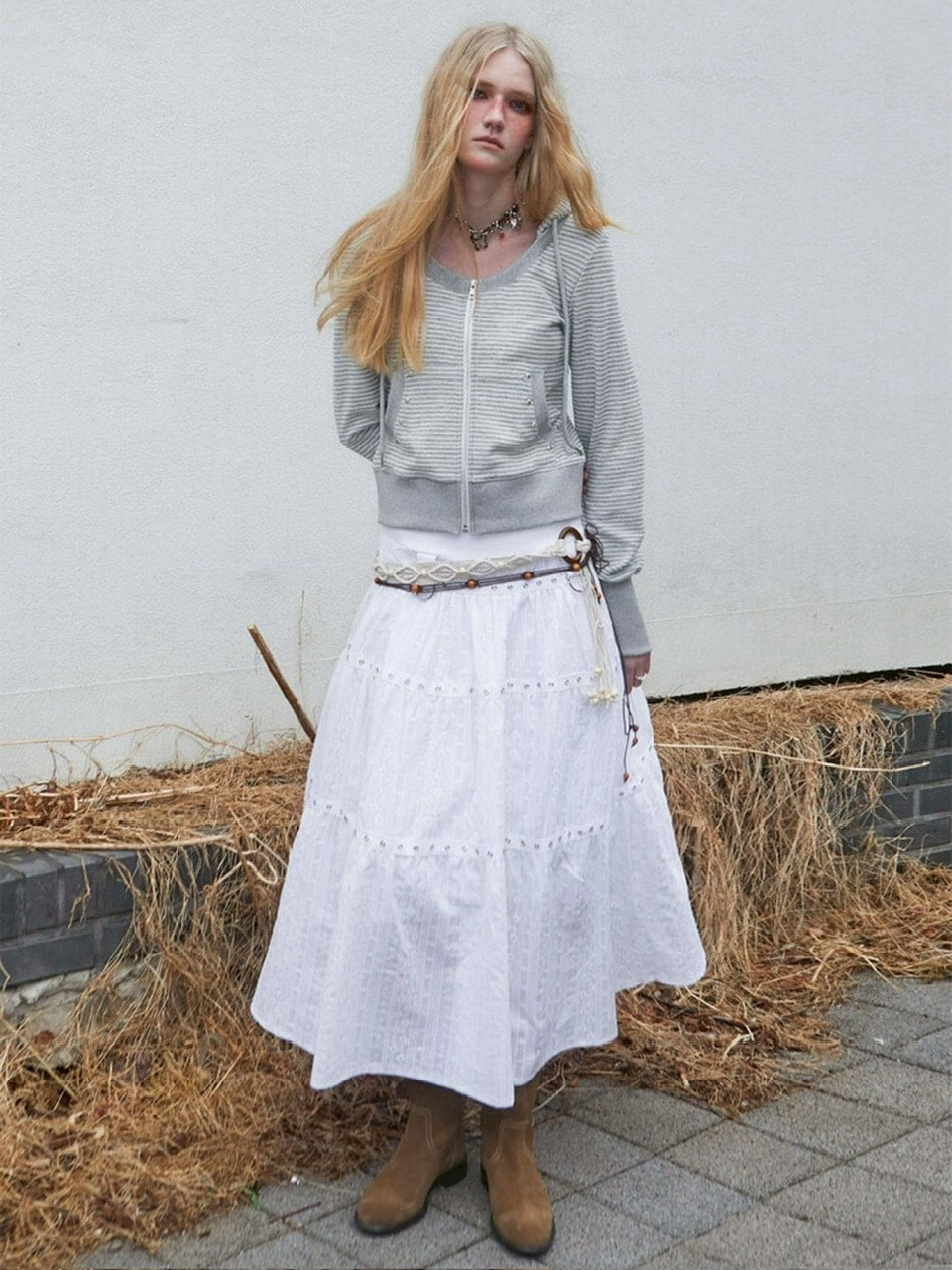 【NOT KNOWING】U Neck Stripe Hood Zip Up