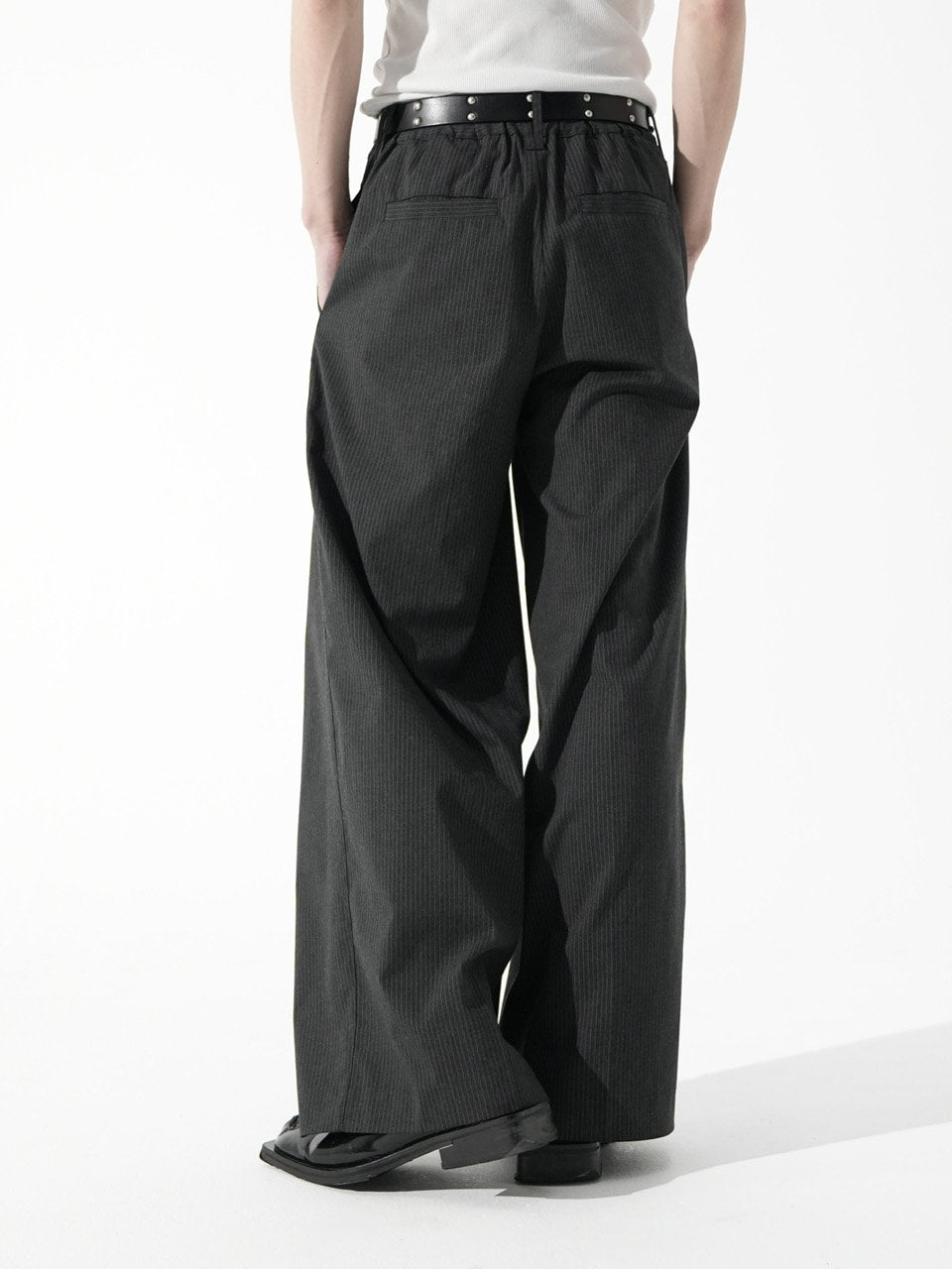 【CS】stripe cross tuck drape slacks (gray)