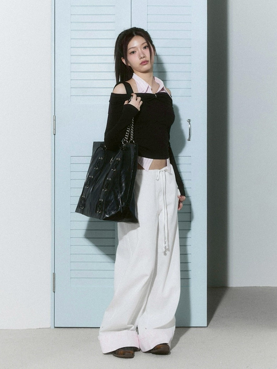 【CHERRYQUIRI】shirts layered off shoulder top