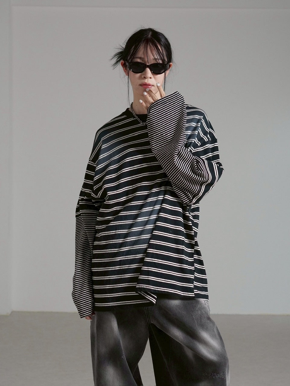 【Chikashitsu +】oversized layered border washed long sleeve / 【チカシツプラス】オーバーサイズウォッシュドレイヤードボーダー長袖Tシャツ(2color)