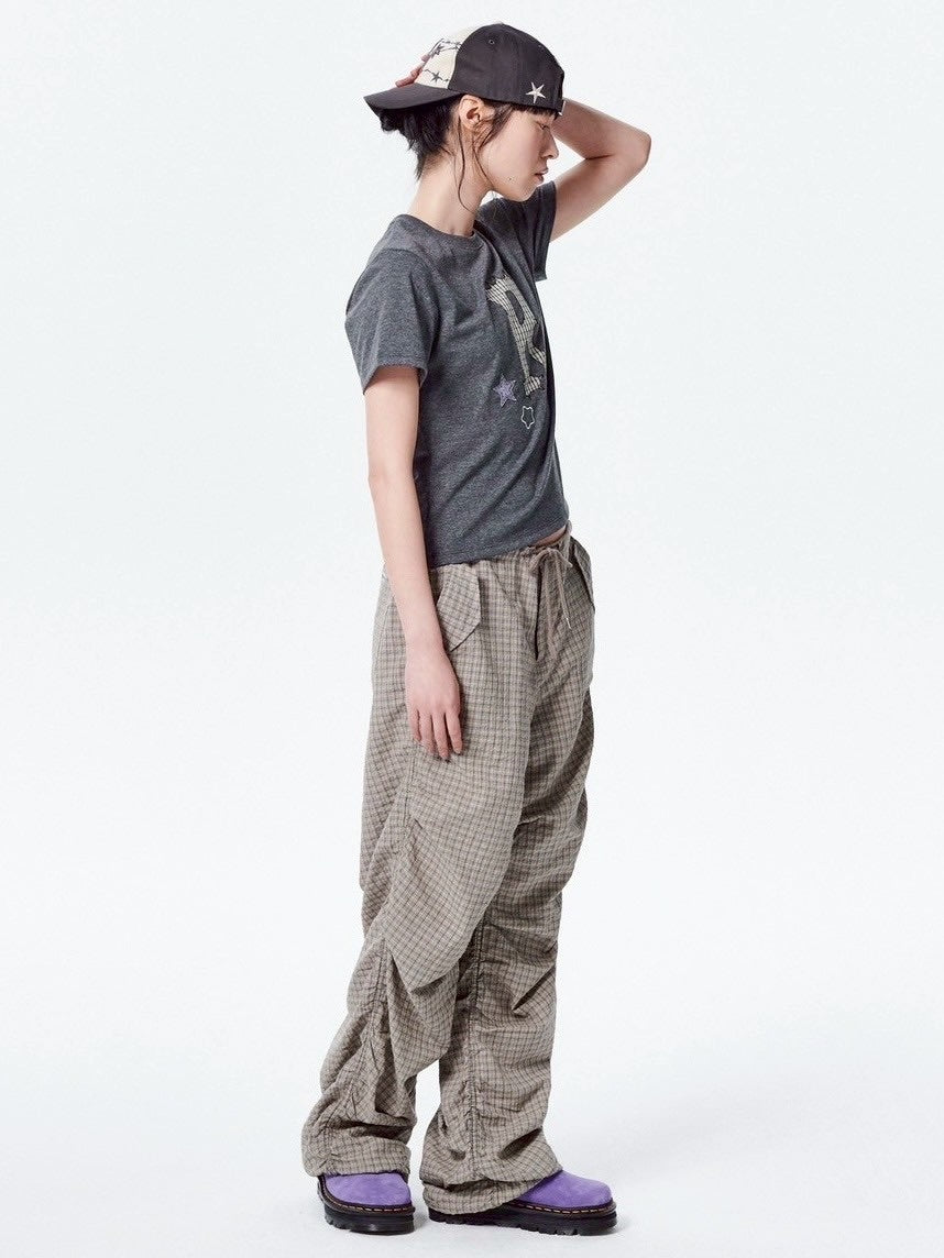 【runningHIGH】CHECK SHIRRING PARACHUTE PANTS