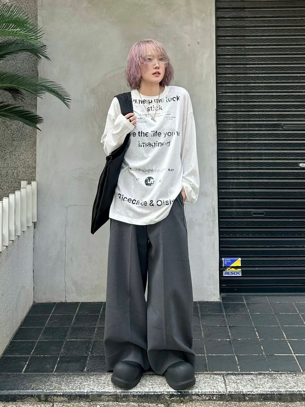 【Chikashitsu +】croque lettering long sleeve / 【チカシツプラス】モックネックレタリング長袖Tシャツ(2color)