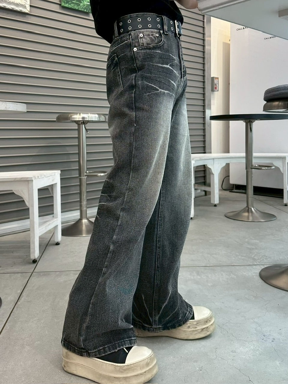 【LUV CODE】washed denim flare pants