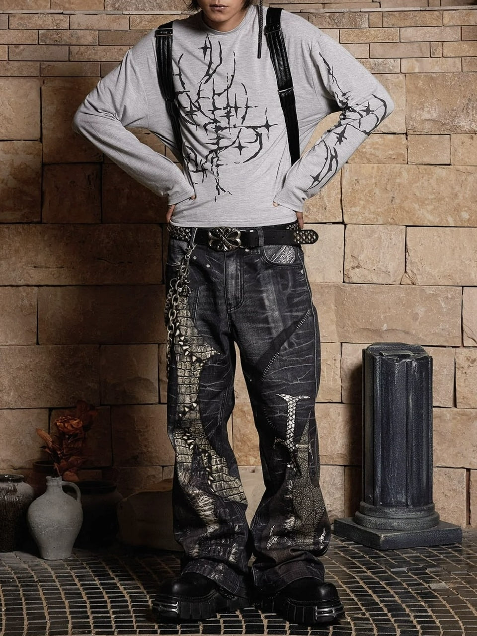 【DND4DES】LEATHER CROSS SPLICING PRINTED JEANS