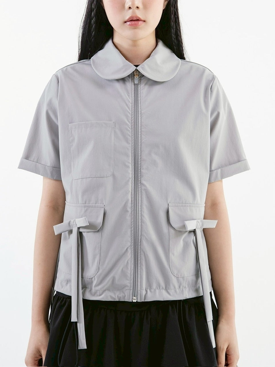 【TUOMIO】ROUND COLLAR NYLON ZIP-UP / 【トゥオミオ】ラウンドカラーナイロン半袖シャツジャケット