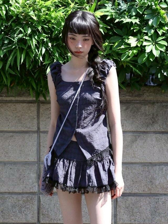 【Uglyshadow】CHECK SHIRRING BLOUSE / 【アグリーシャドウ】チェックシャーリングノースリーブブラウス