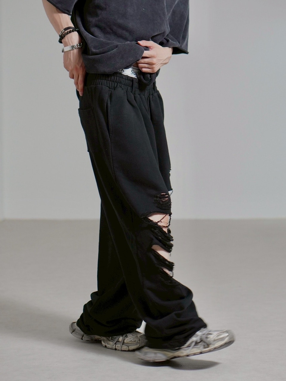 受注制【Chikashitsu +】full length crash sweat pants / 【チカシツプラス】フルレングスクラッシュスウェットパンツ (2color)