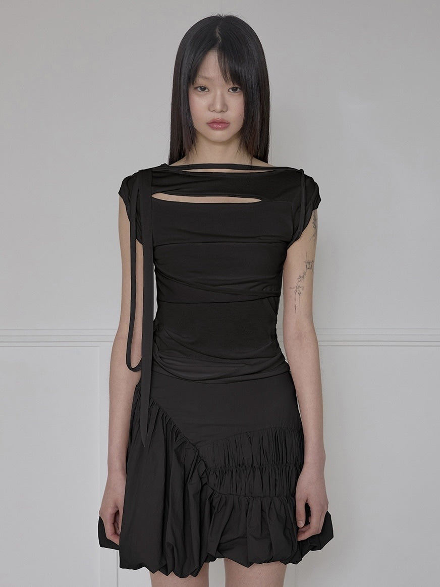 【FLAREUP】Asymmetrical Draped Strap Roll-Up T-Shirt