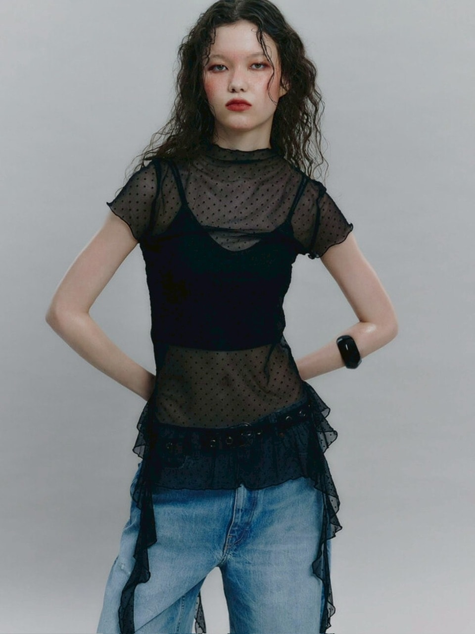 【NOT KNOWING】Dot Mesh Ruffle Top / 【ノットノーイング】ドットメッシュラッフル半袖Tシャツ