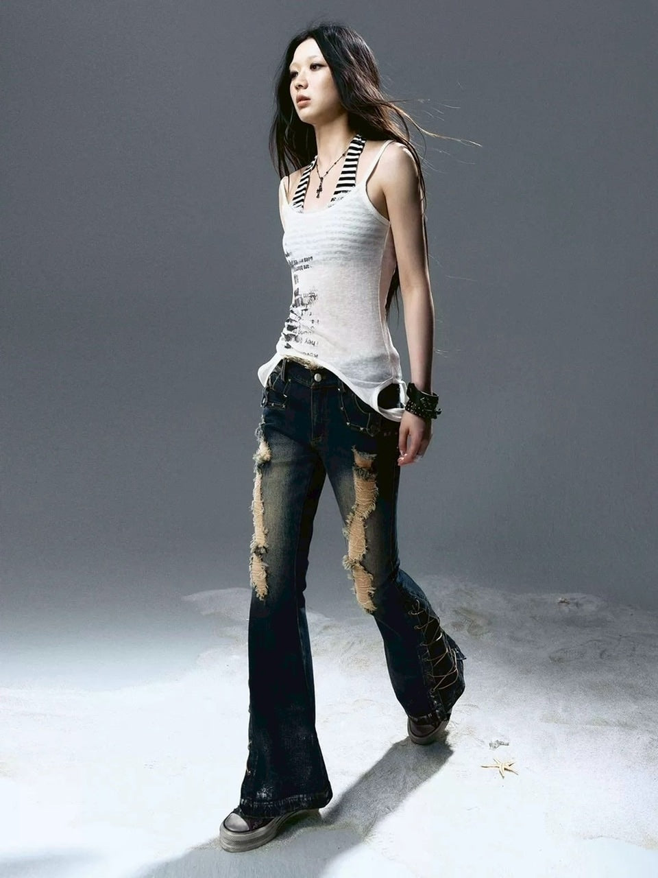 【Cest Nous】Graffiti Tank Top / 【セヌー】2wayグラフィックボーダーレイヤードタンクトップ