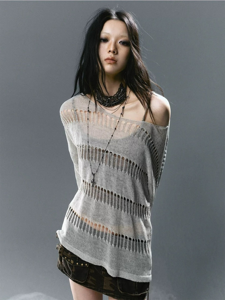 【Cest Nous】Knit Cover-Up / 【セヌー】シースルーボーダーサマーニット長袖Tシャツ