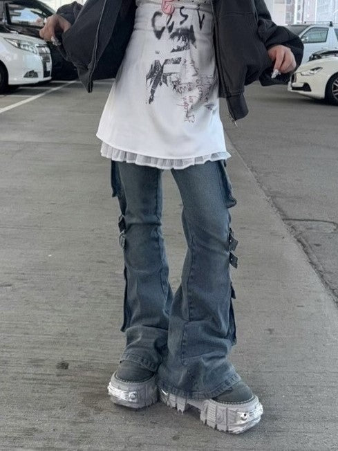 【NMTXU】flare cargo denim pants / 【エヌエムティーエックスユー】ウォッシュドフレアカーゴデニムパンツ