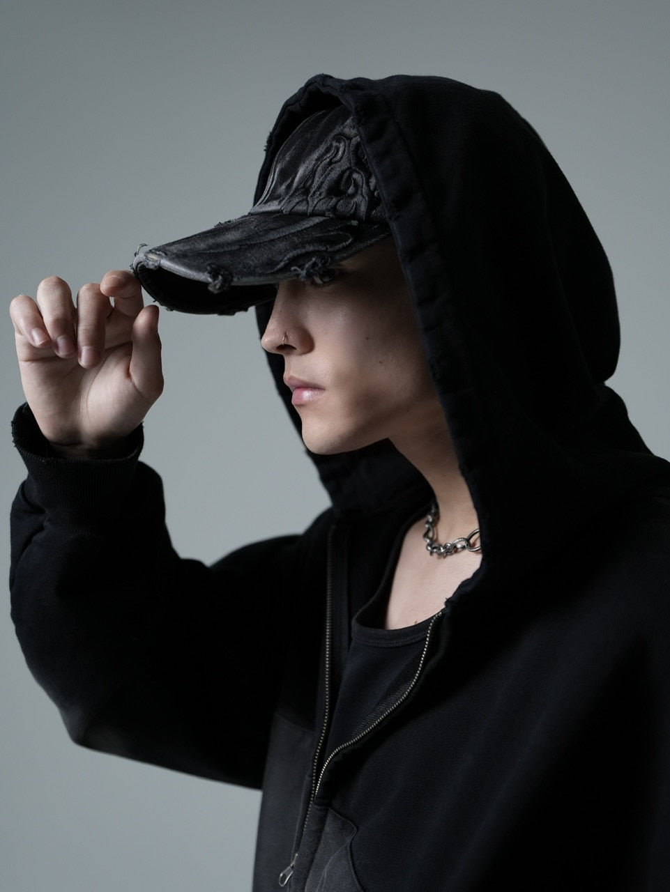 【CHIKASHITSU PLUS HIGH】cropped dirty wash double zip hoodie (wash black) / 【チカシツプラスハイ】クロップドダーティーウォッシュダブルジップパーカー