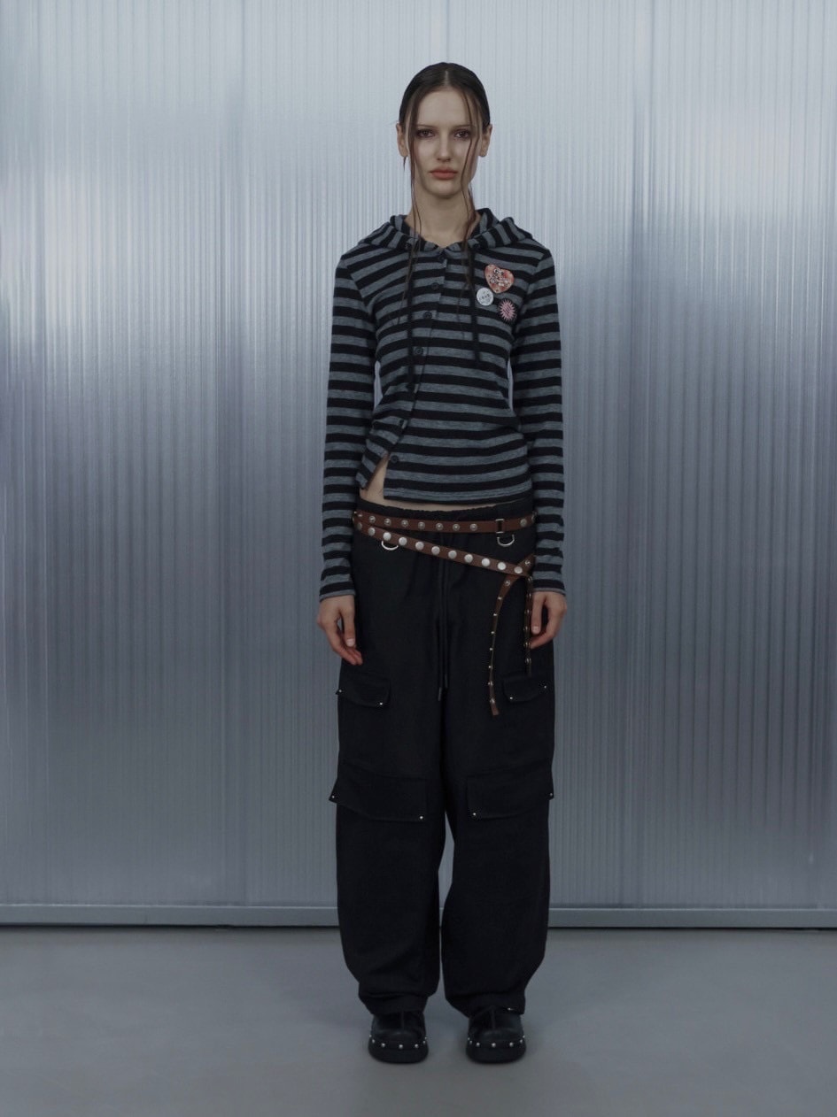 【SETUP‐EXE】BADGE STRIPE HOODED CARDIGAN / 【セットアップエグゼ】バッジストライプフードカーディガン