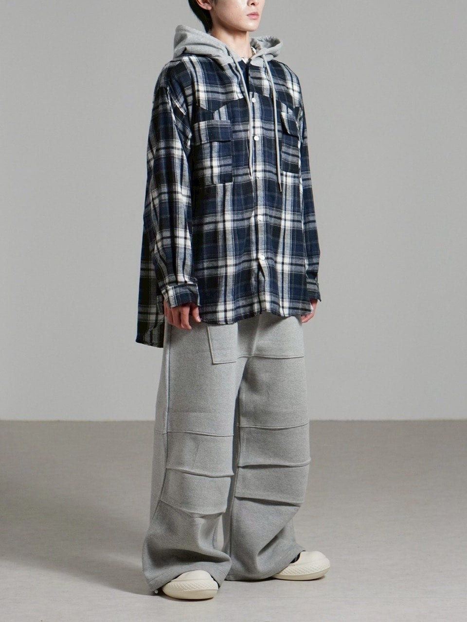 受注制【Chikashitsu +】hood mix check hoodie / 【チカシツプラス】フードミックスチェックパーカー (3color)