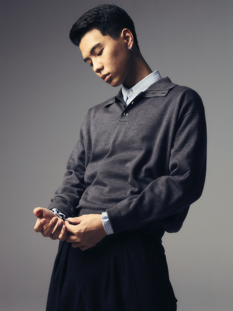 【CS】wool touch knit polo (charcoal) / 【シーエス】ウールタッチニットポロ