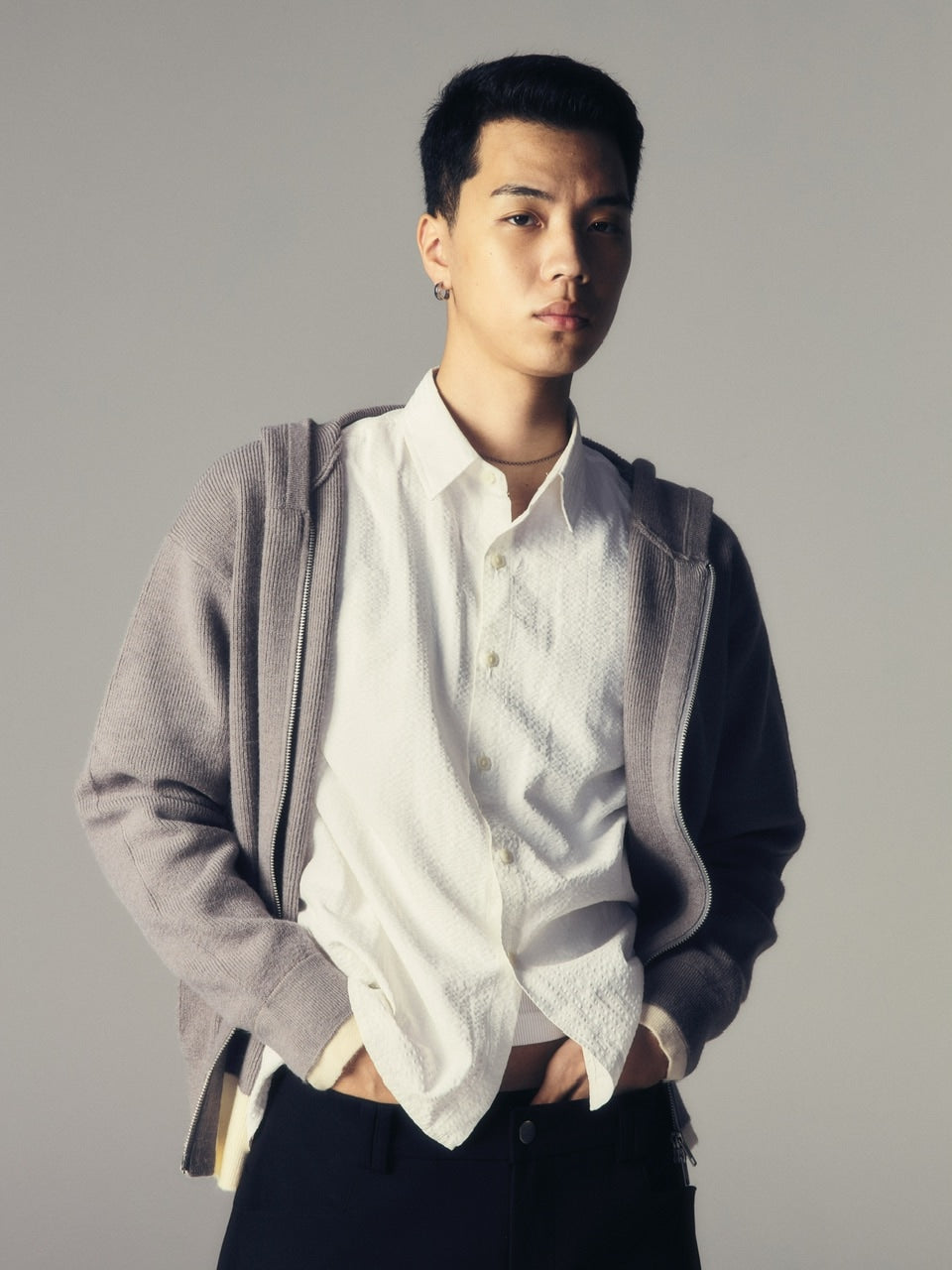 【CS】layered knit zip hoodie (gray) / 【シーエス】レイヤードニットジップフーディー