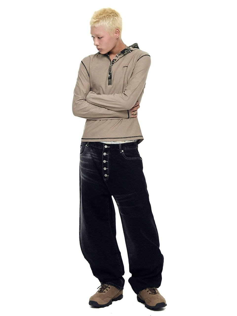 【AAKAM】Camo Contrast Hooded Long Sleeve