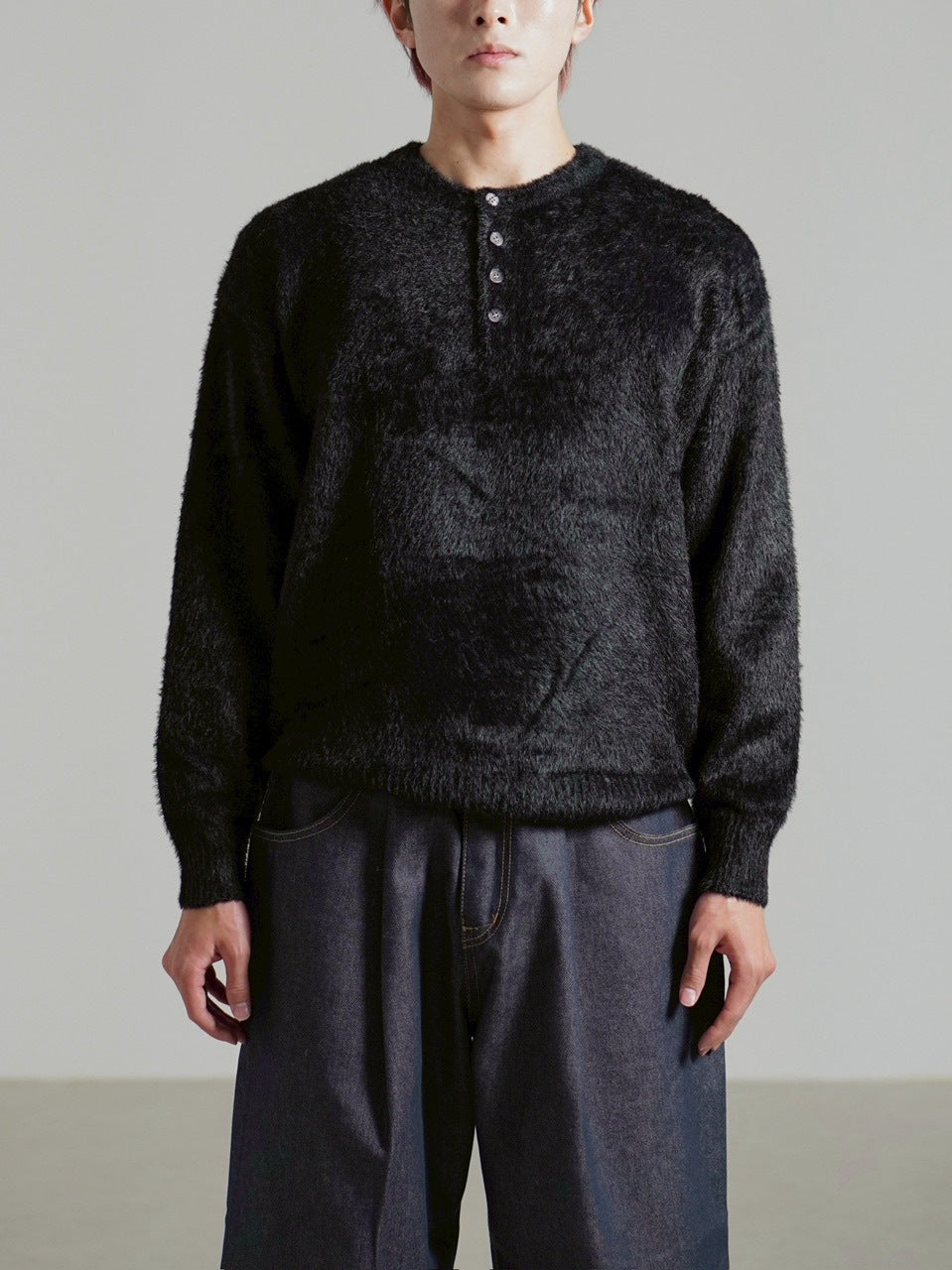 受注制【Chikashitsu +】henry neck hairy knit / 【チカシツプラス】ヘンリーネックヘアリー長袖ニット (5color)