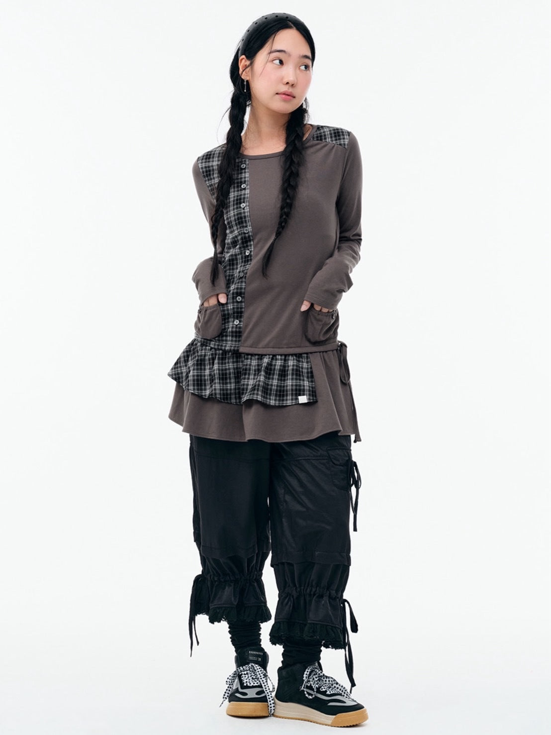 【TUOMIO】CHECK MIXED JERSEY DRESS / 【トゥオミオ】チェックミックスジャージワンピース