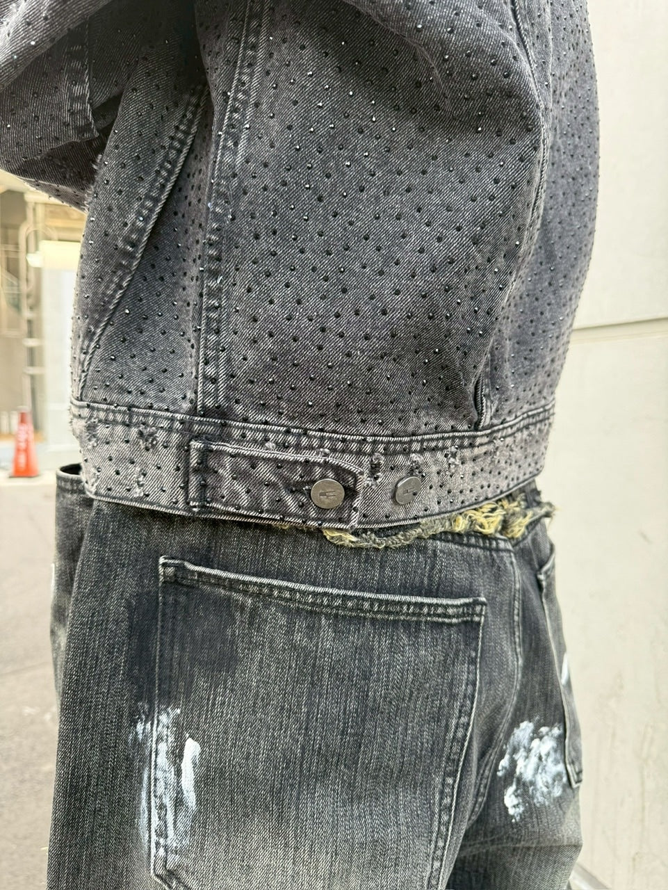 【Never mind the XU】rhinestone denim jacket / 【ネバーマインドザエックスユー】ラインストーンデニムジャケット (2color)