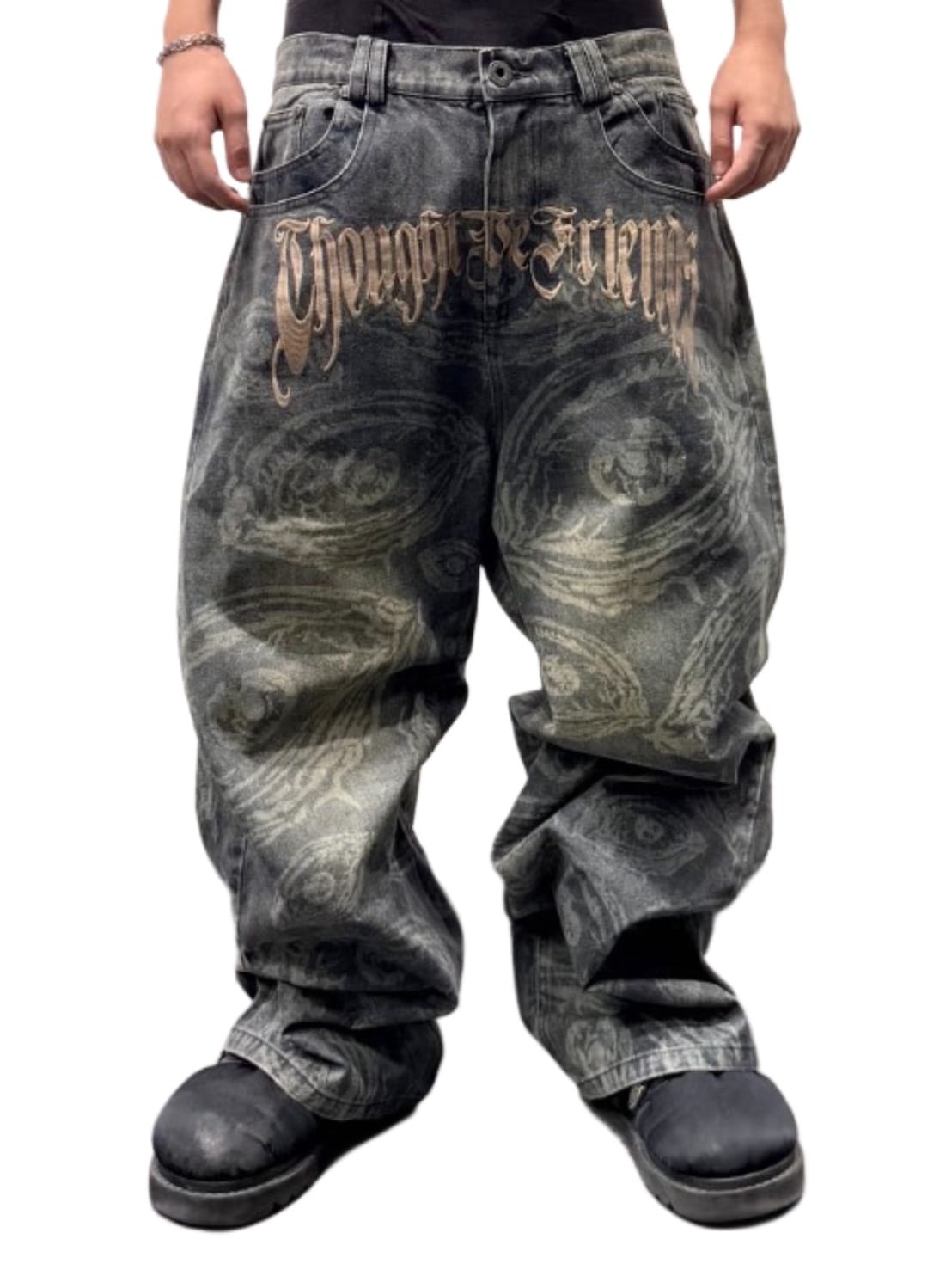 【Thought We Friends】Eyethought 2.0 Distressed Baggy Denims with Embroidery & Studs