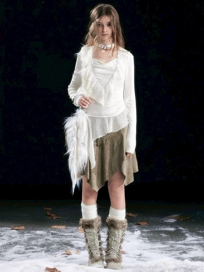 【Cest Nous】Ruffle hem top / 【セヌー】チョーカー付きアシンメトリーフリルトップス