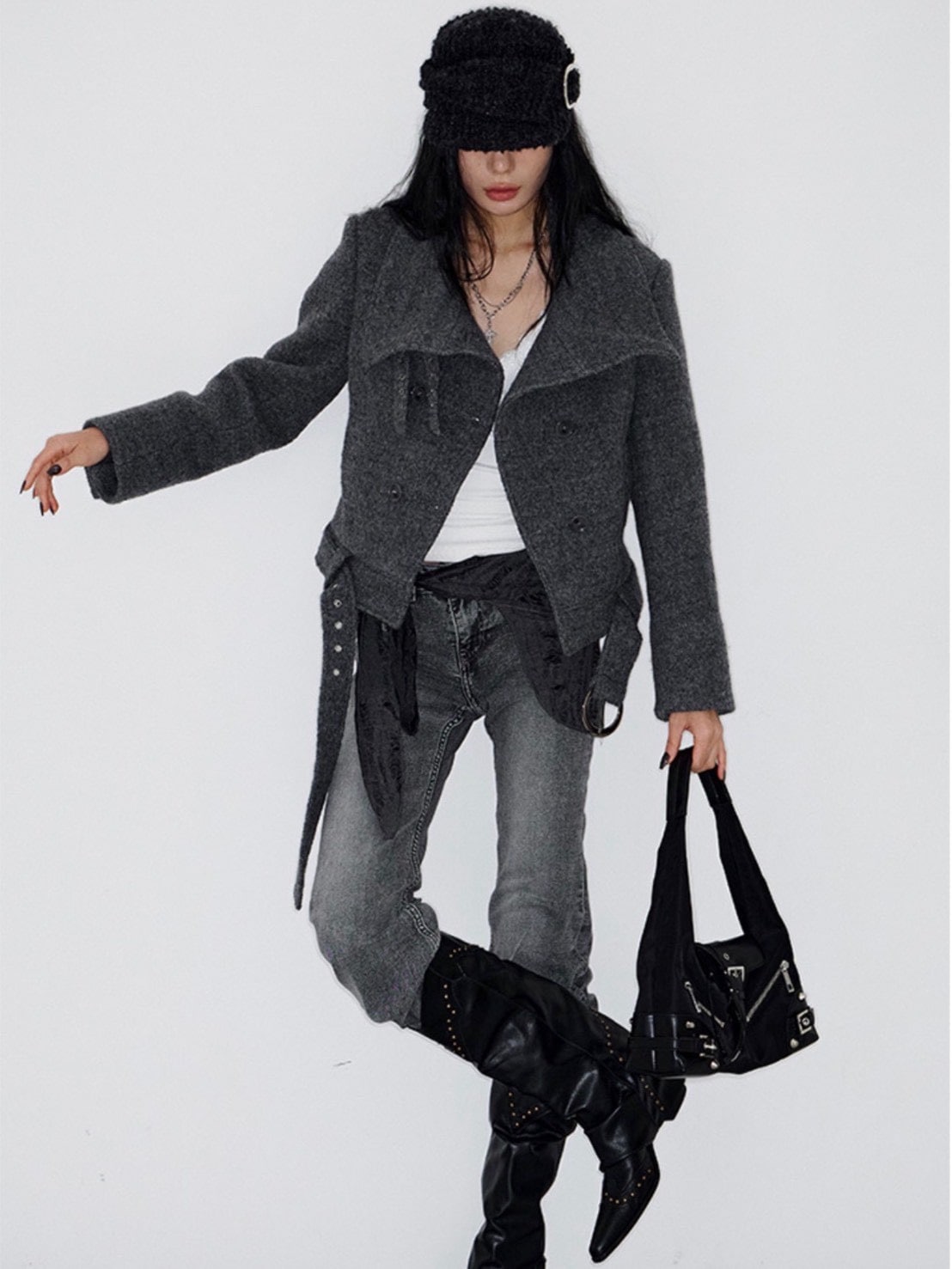 【NOT KNOWING】Double Belted High-Neck Coat