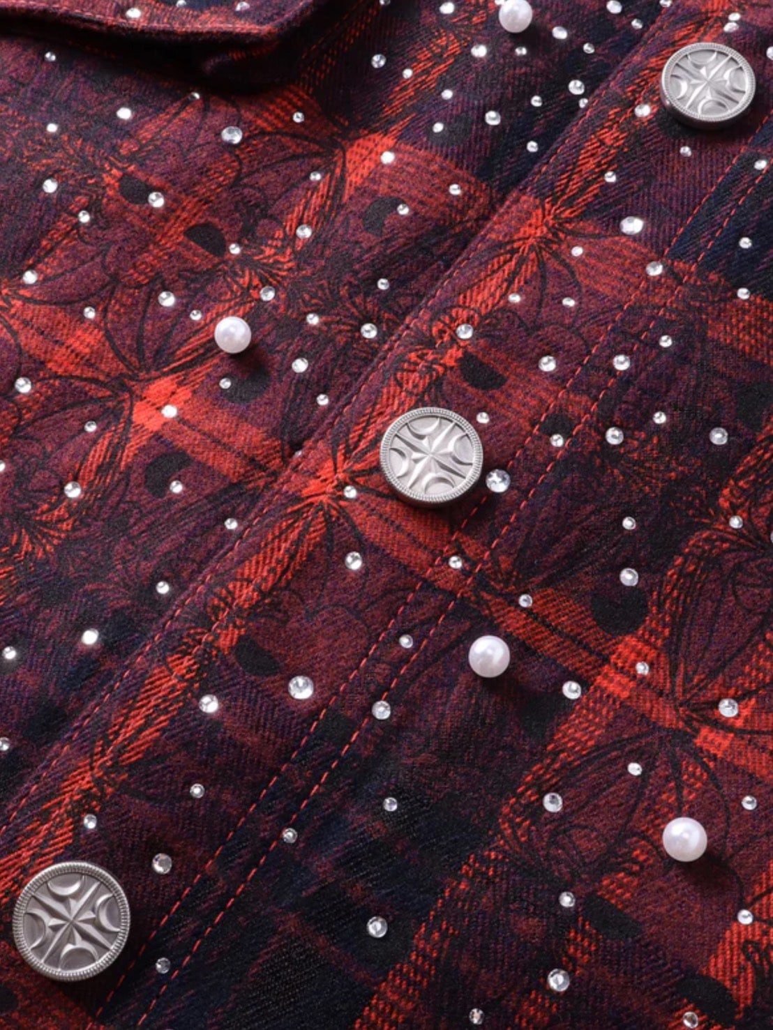 【The Boy Has No Patience】TBHNP LUMINOUS DAWN RHINESTONE PEARL BAT PATTERN L-S SHIRT / 【ザボーイハズノーペーシェンス】ラインストーンチェックシャツ