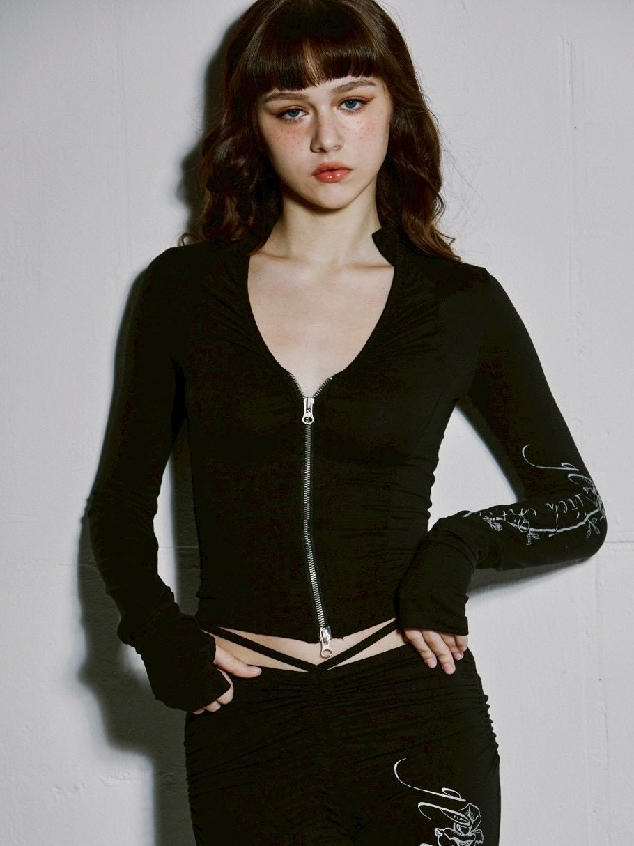 【GATELESS】PEARL SHIRRING ZIP-UP / 【ゲートレス】パールシャーリングジップアップ長袖Tシャツ