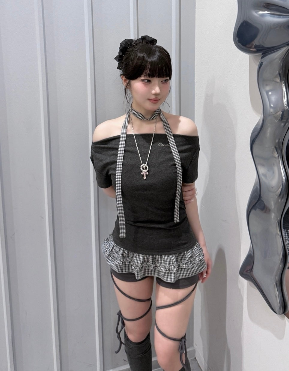 受注制【nmtc+】Check Frill Layered Tee Scarf Set (2color)
