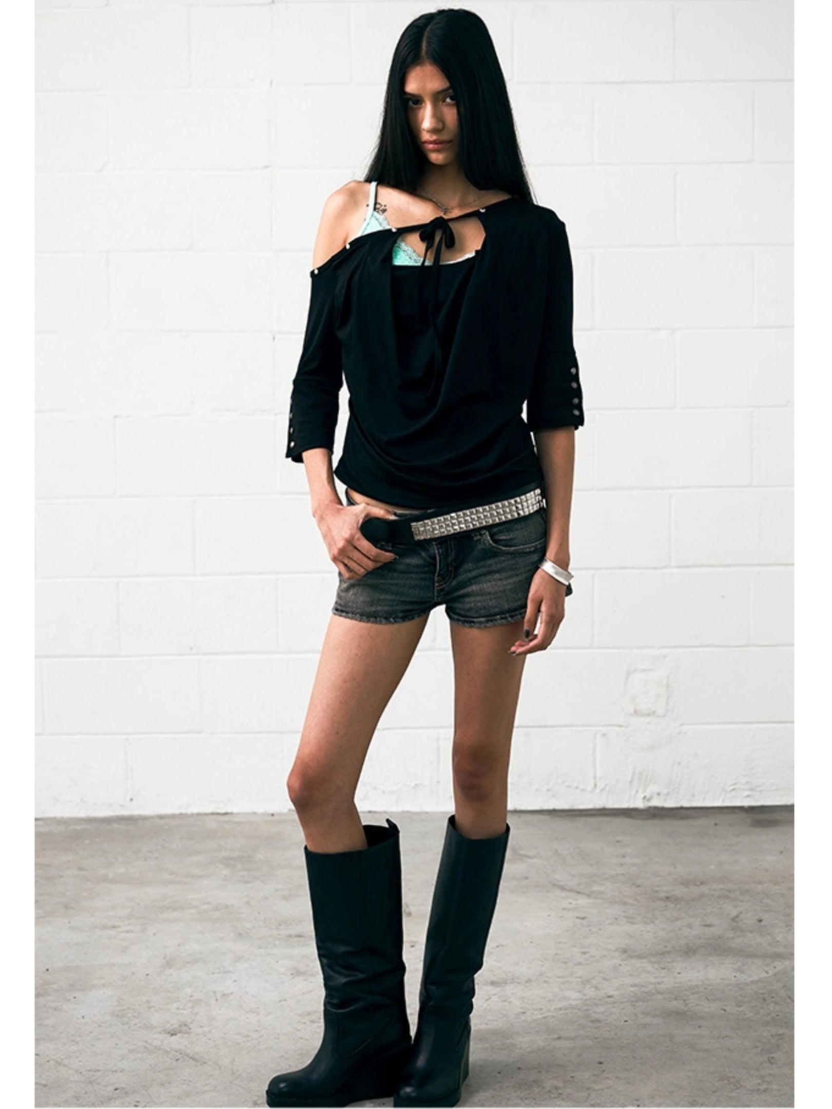 【NOT KNOWING】One Shoulder Cowl Neck Top