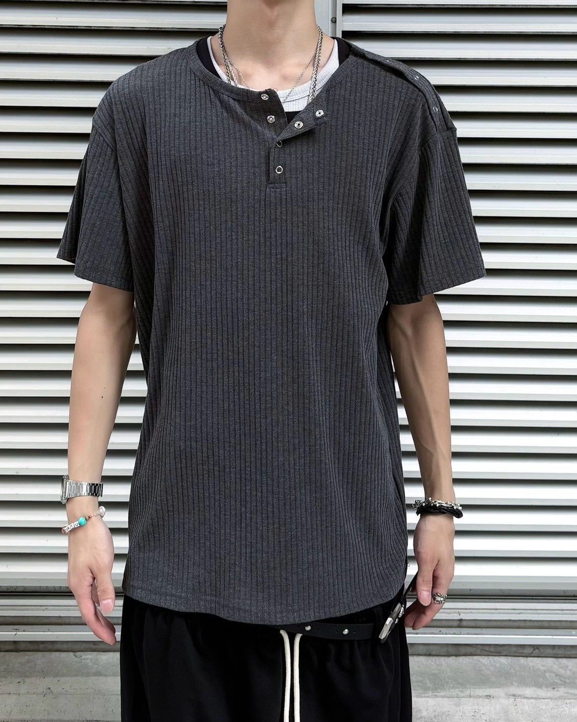 受注制【nmtc+】Shoulder Henley Eyelet Tee (3color)