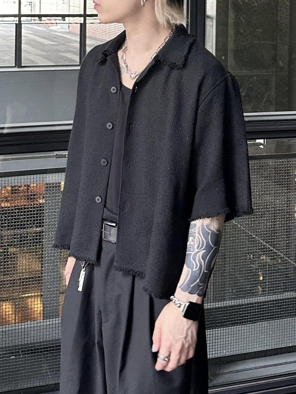 大阪店WEB限定受注制【Chikashitsu +】tweed cropped shirt (2color)