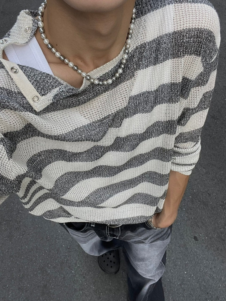 大阪店WEB限定受注制【Chikashitsu +】shoulder snap border knit (2color)