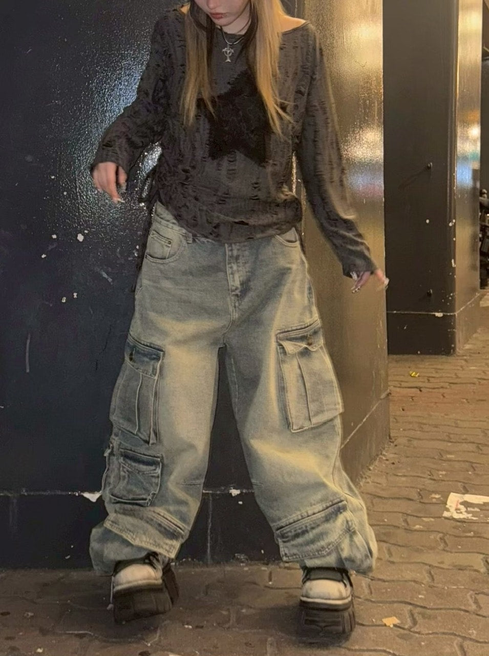 受注制【Never mind the XU】pocket cargo denim pants (2color) / 【ネバーマインドザエックスユー】ポケットカーゴワイドデニムパンツ