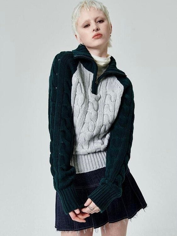 【runningHIGH】COLOR BLOCK TURTLENECK ZIP UP KNIT PULLOVER