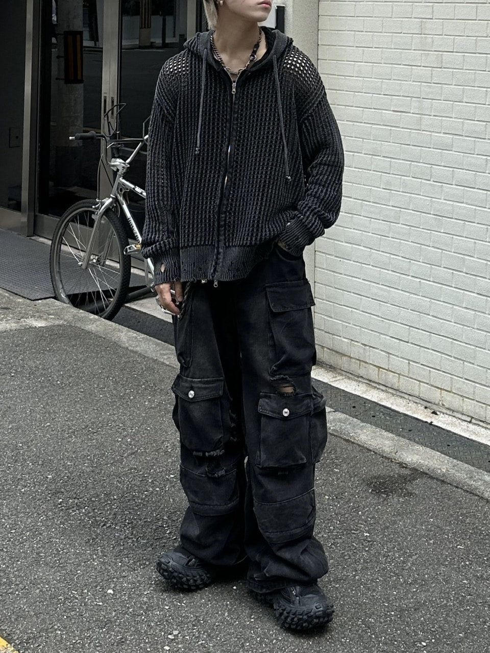 大阪店WEB限定受注制【Chikashitsu +】mesh zip damage hoodie (2color) / 【チカシツプラス】メッシュダメージジップアップ長袖パーカー