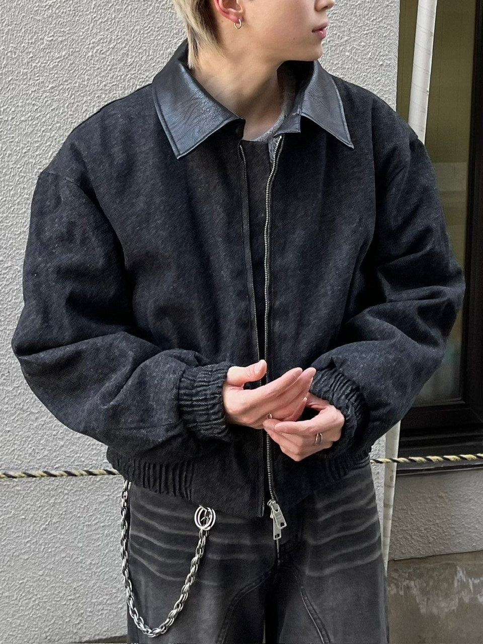 大阪店WEB限定【Chikashitsu +】cropped leather collar denim jacket