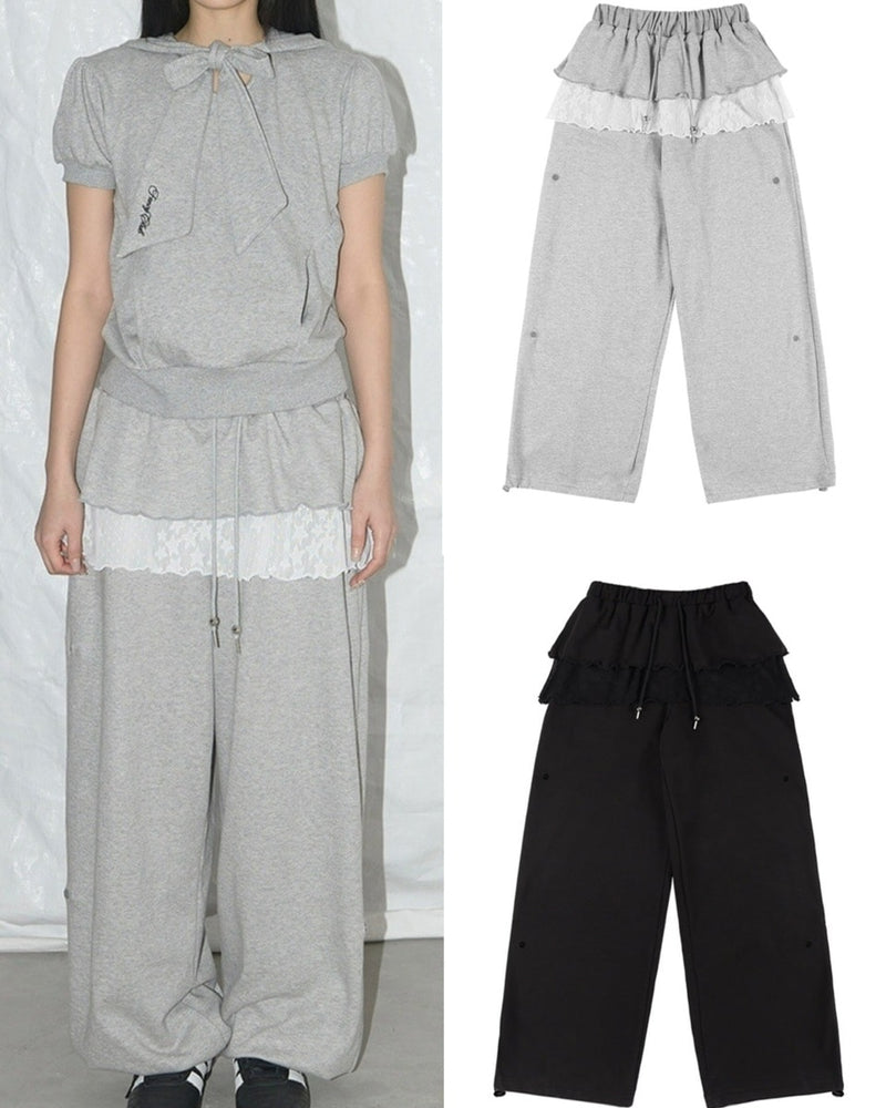 【FANCY CLUB】FRILL LACE BUTTON SWEATPANTS / 【ファンシークラブ】フリルレースレイヤードボタンスウェットパンツ