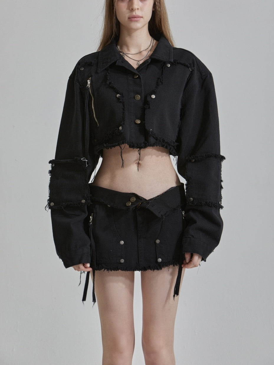 【GATELESS】RIVET FRINGE DENIM MINI SKIRT