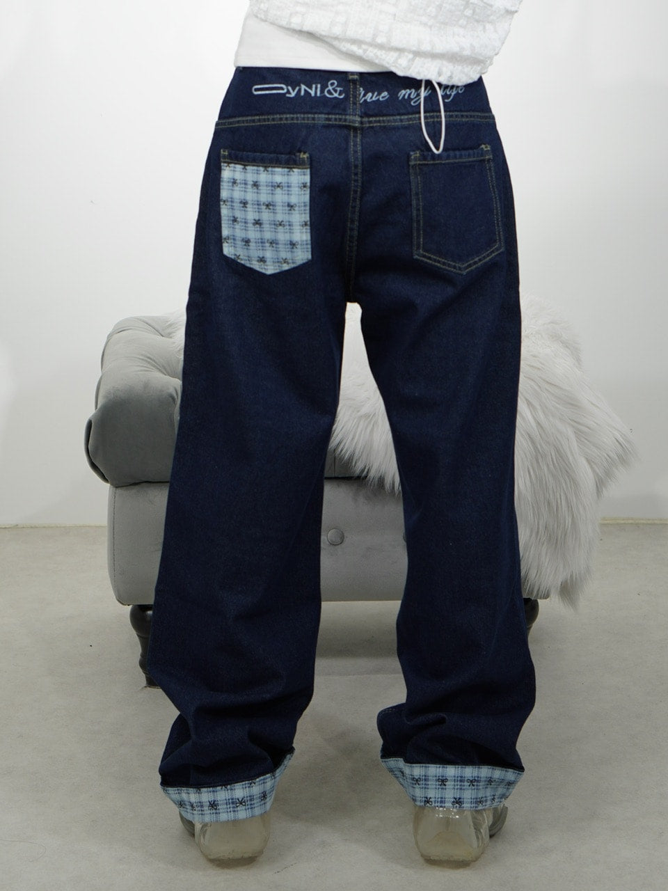 国際配送【Nerd out XU】design check wide denim pants