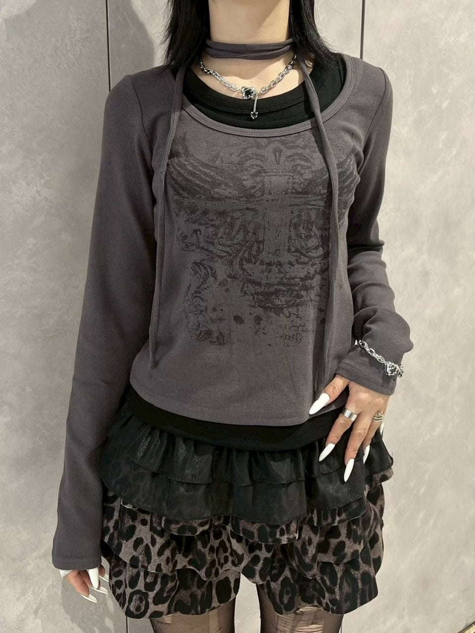 【Never mind the XU】tie set cross wing long sleeve tee (3color) / 【ネバーマインドザエックスユー】ネクタイセットクロスウィングプリント長袖Tシャツ