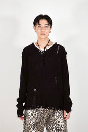 【Chikashitsu +】damage reverse v neck knit (3color) / 【チカシツプラス】リバースVネックダメージニット