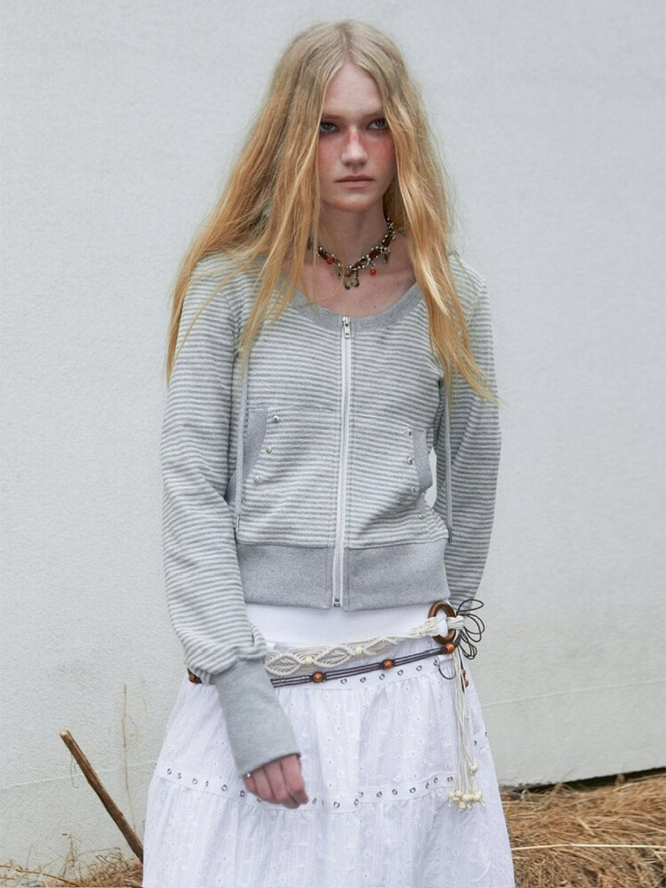 【NOT KNOWING】U Neck Stripe Hood Zip Up