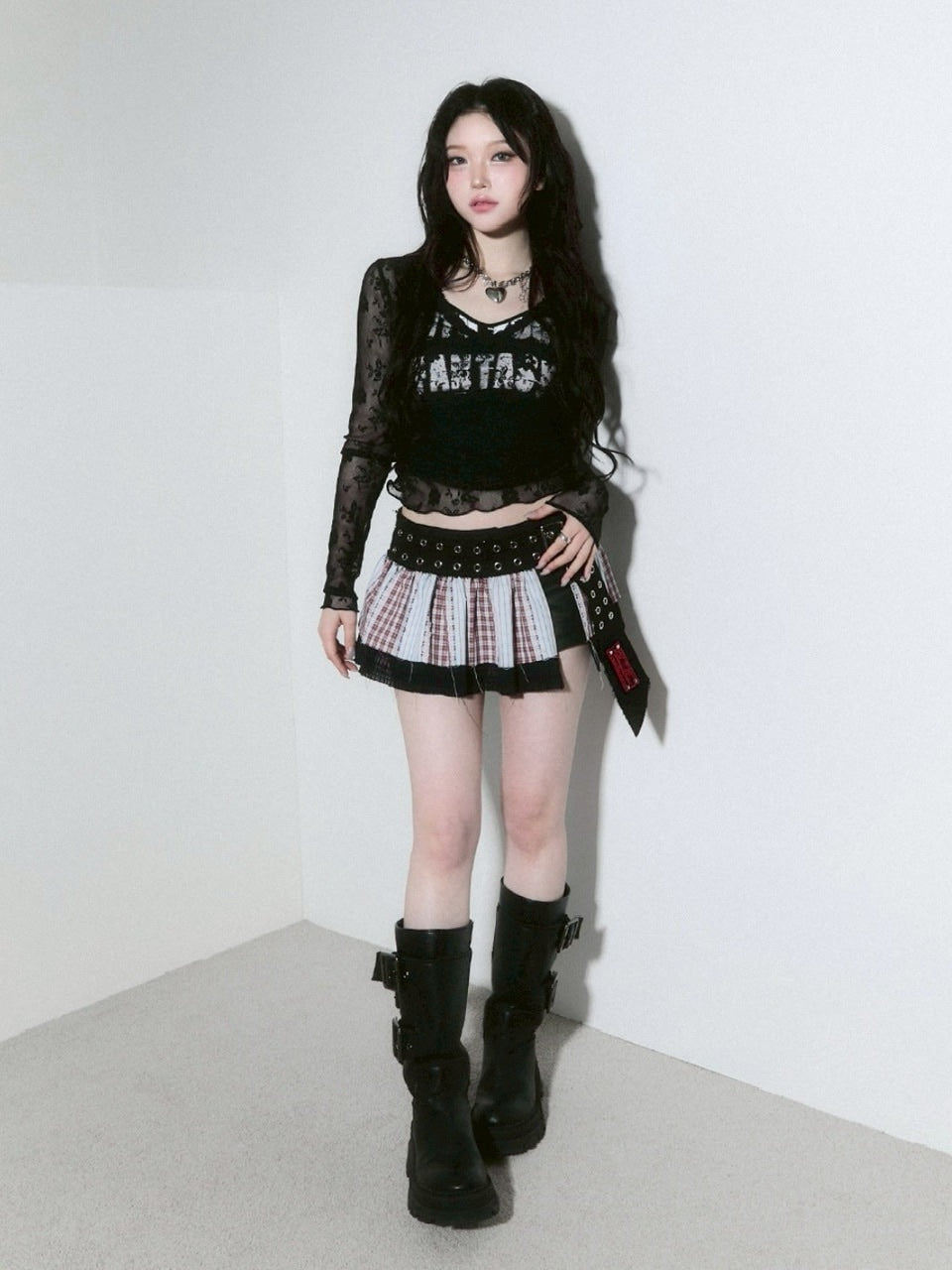 【CHERRYQUIRI】seethrough v neck shirring sleeve