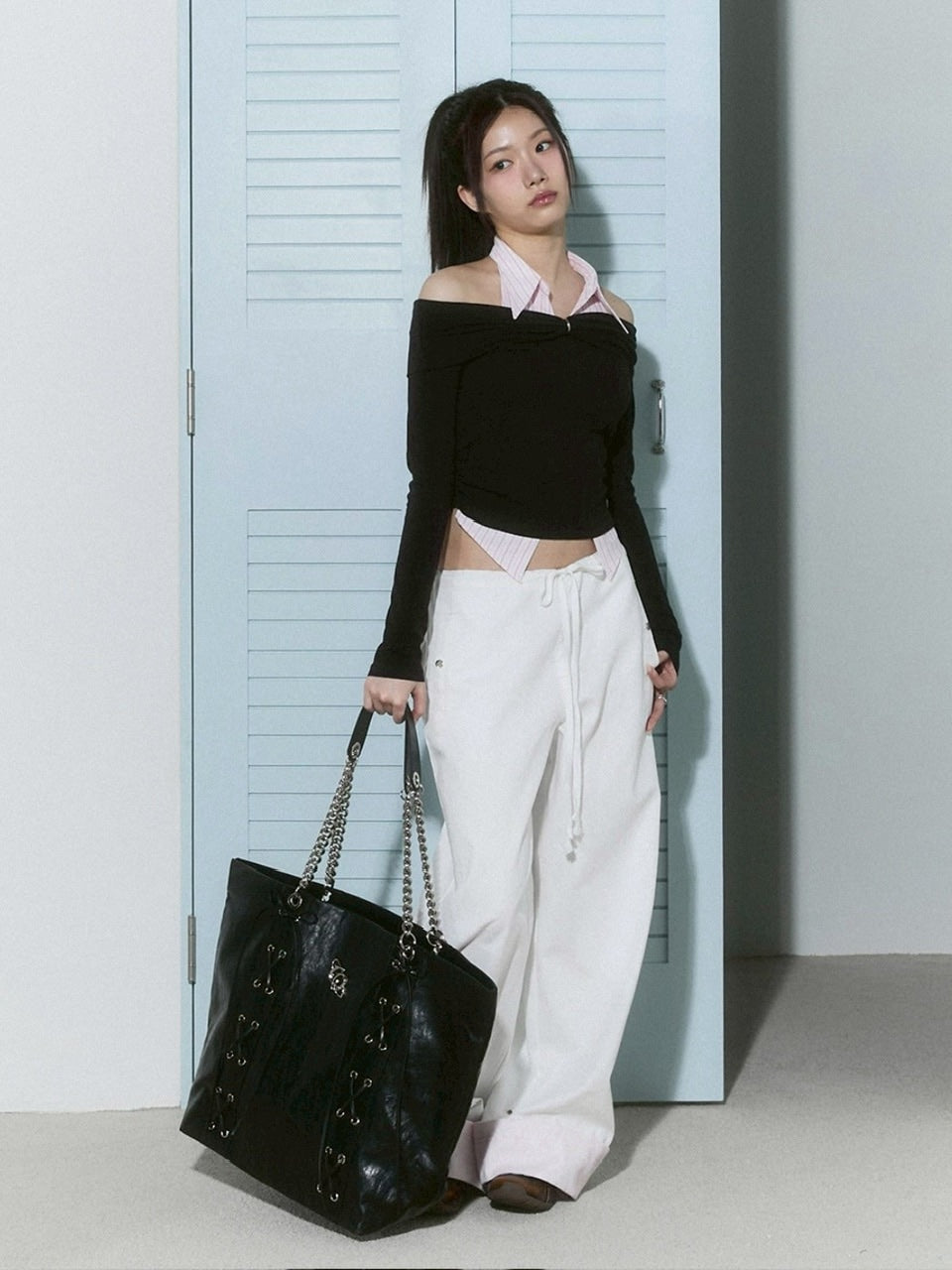 【CHERRYQUIRI】shirts layered off shoulder top