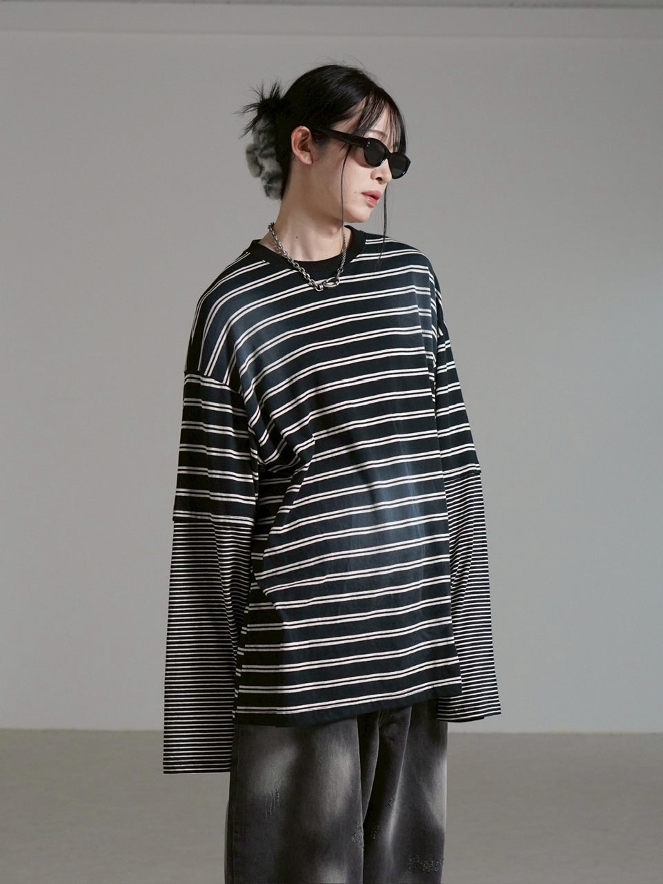 【Chikashitsu +】oversized layered border washed long sleeve / 【チカシツプラス】オーバーサイズウォッシュドレイヤードボーダー長袖Tシャツ(2color)