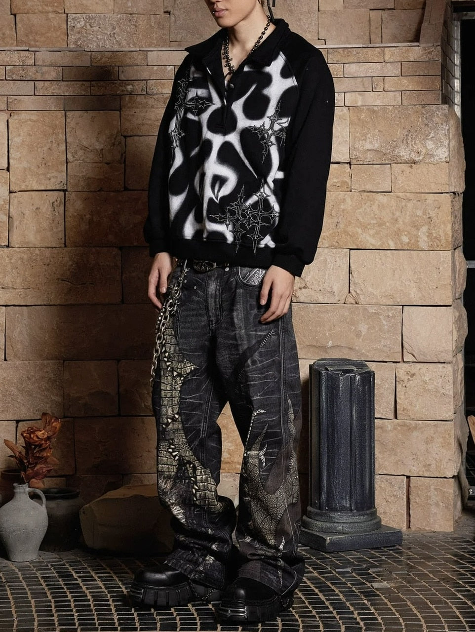 【DND4DES】LEATHER CROSS SPLICING PRINTED JEANS